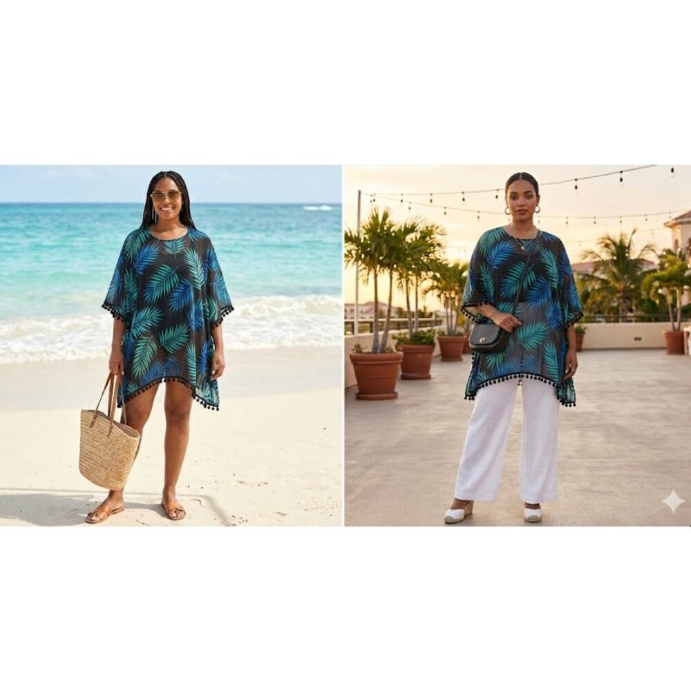 Lands' End XL 18 Blue Palm Print Poncho Swim Cover Up Sheer Pom Pom Resort Beach